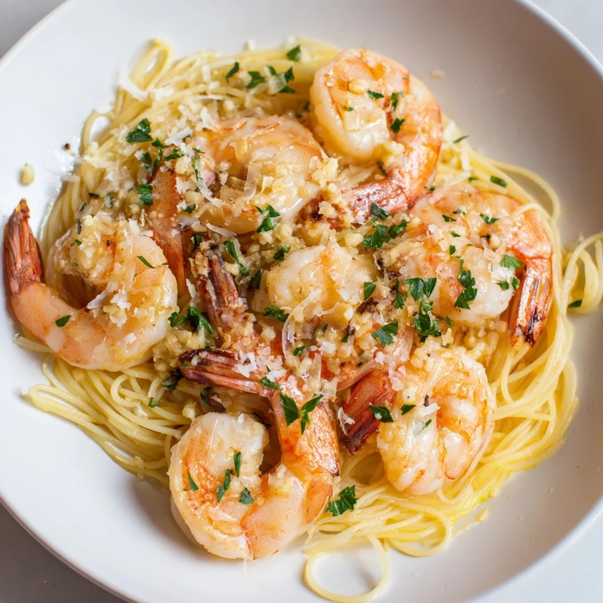One-Skillet Lemon Garlic Shrimp Angel Hair Pasta with a bright lemon-garlic sauce, served hot.