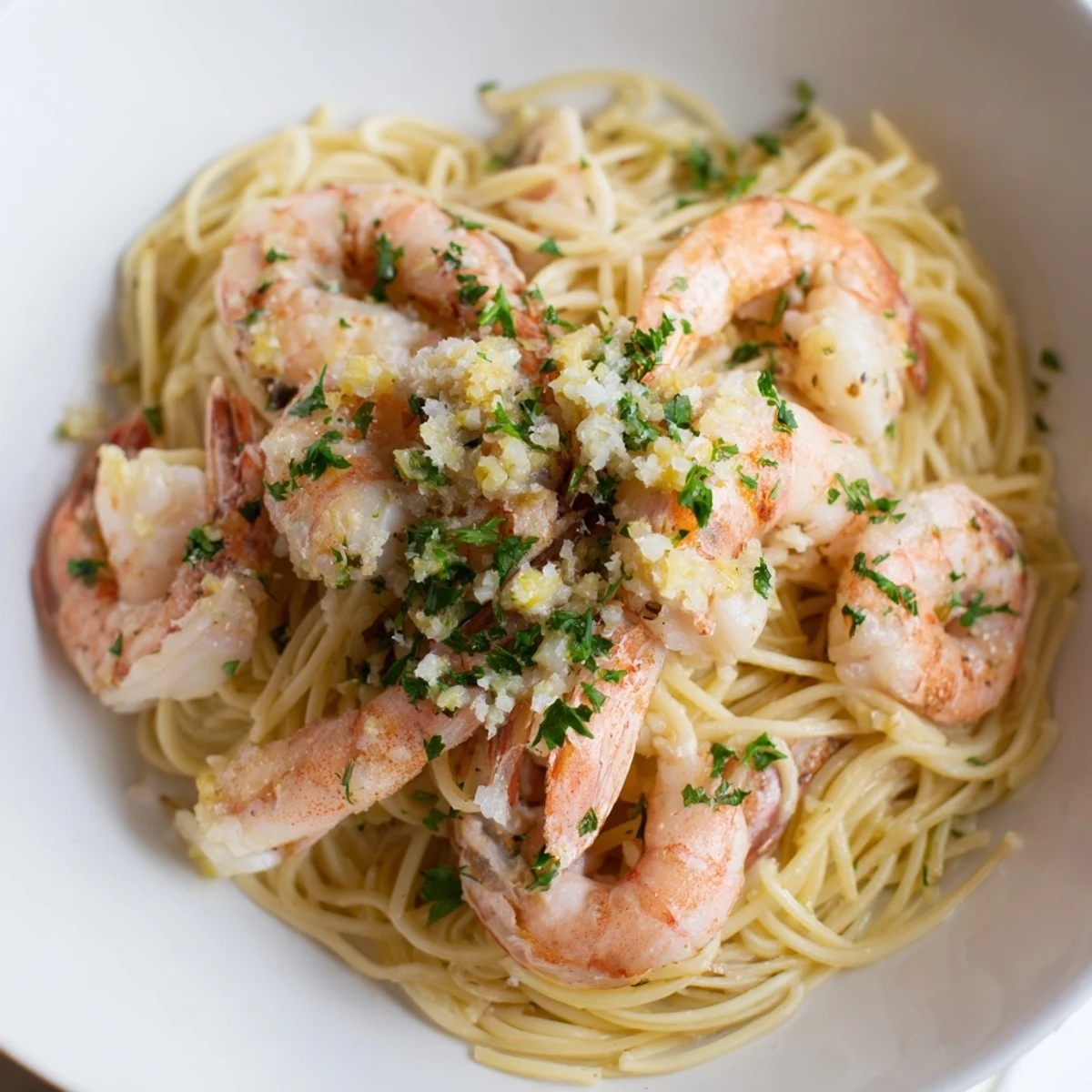 Tender shrimp and angel hair pasta glistening in a flavorful one-skillet Lemon Garlic Shrimp dish.