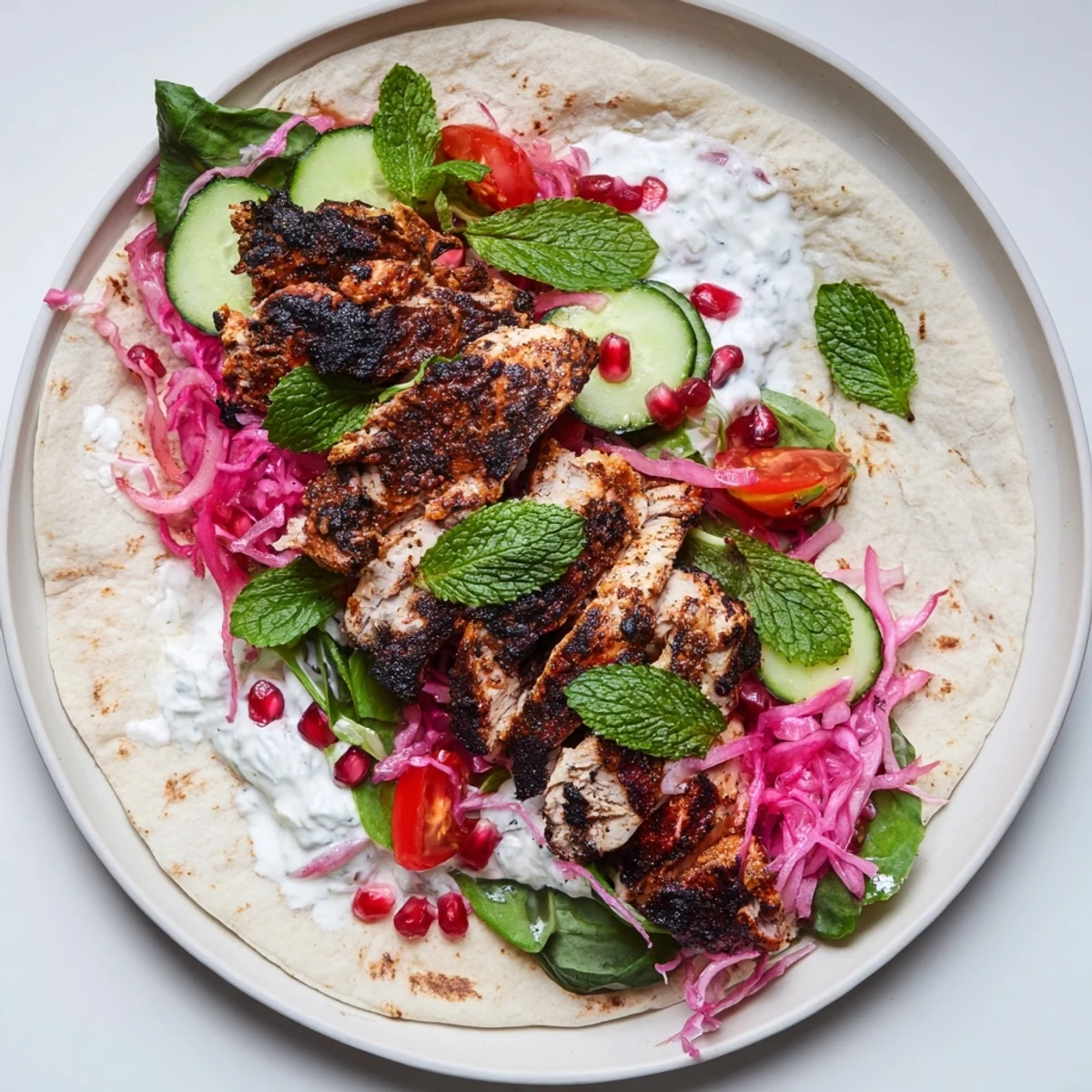 Close-up of a flavorful Greek Yogurt Chicken Shawarma Christmas Wrap, perfect for a festive feast.