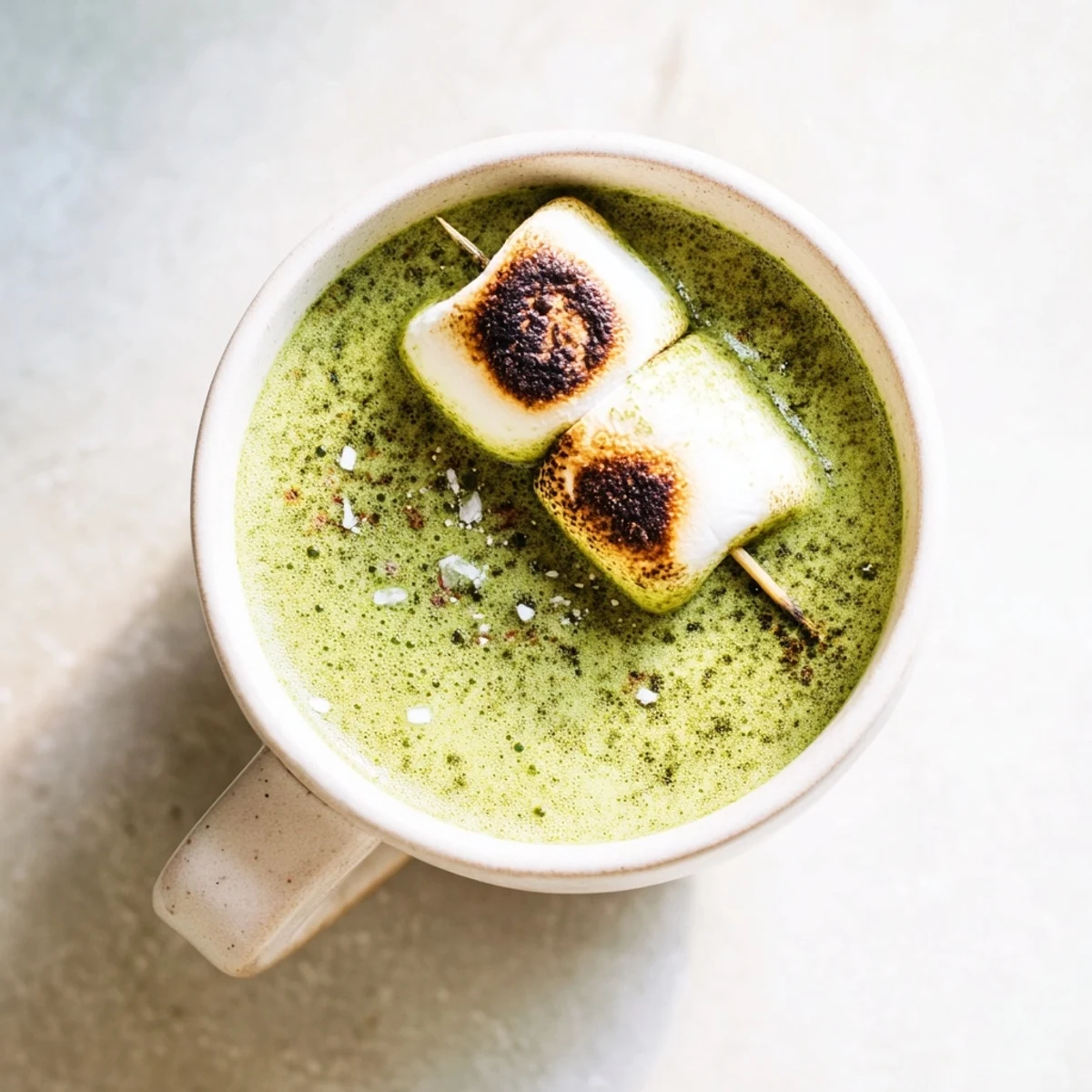Swirled matcha hues blend beautifully with the rich toasted marshmallow campfire cocoa, perfect for a chilly night.