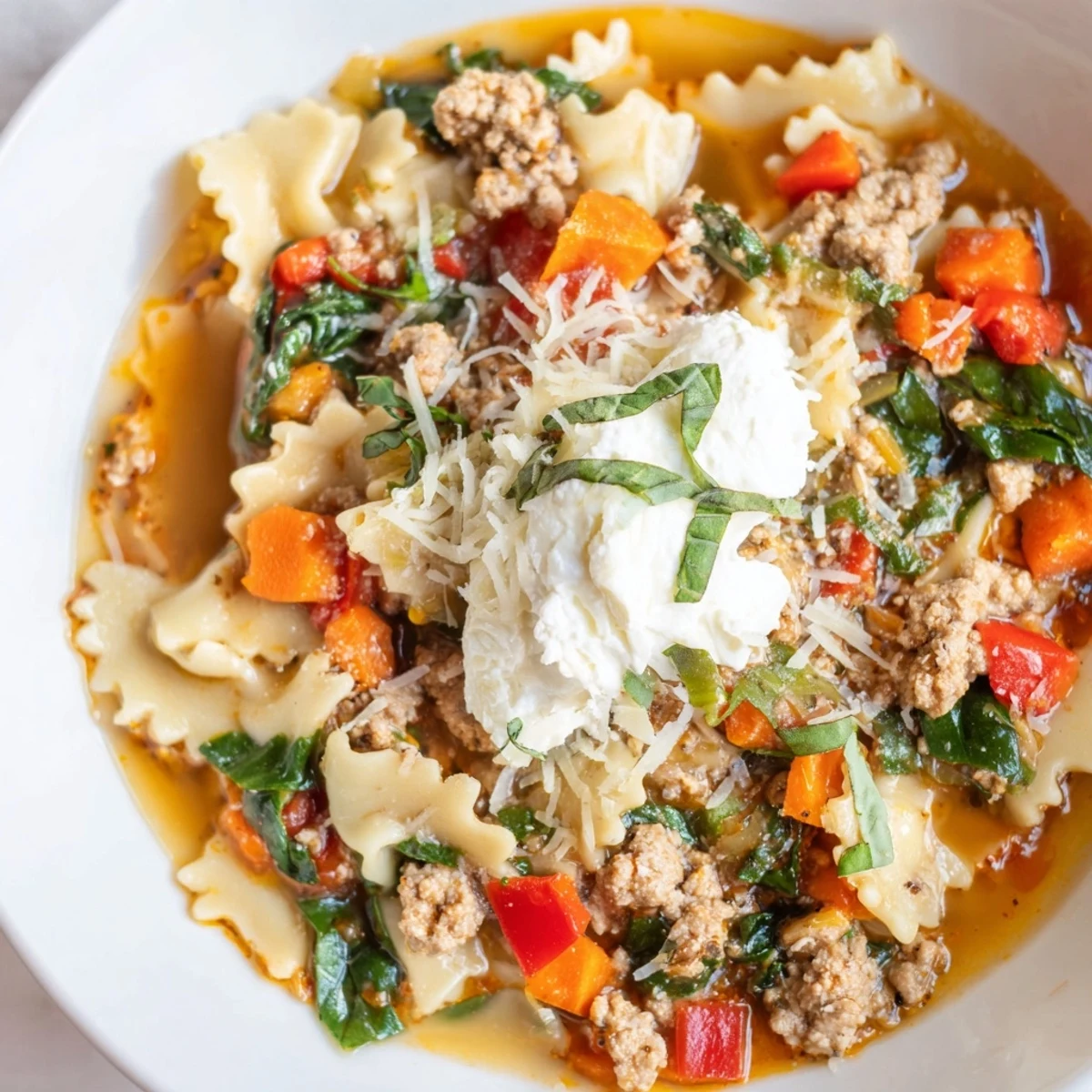 Steaming bowl of Healthy Lasagna Soup with melted cheese and fresh herbs, ready to savor.