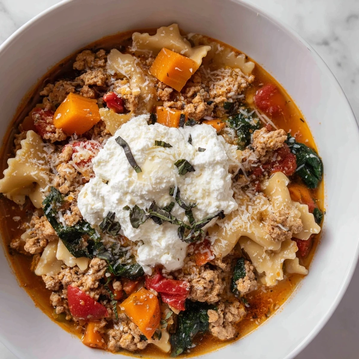 A hearty close-up of Healthy Lasagna Soup, showcasing tender turkey, vibrant veggies, and flavorful broth.