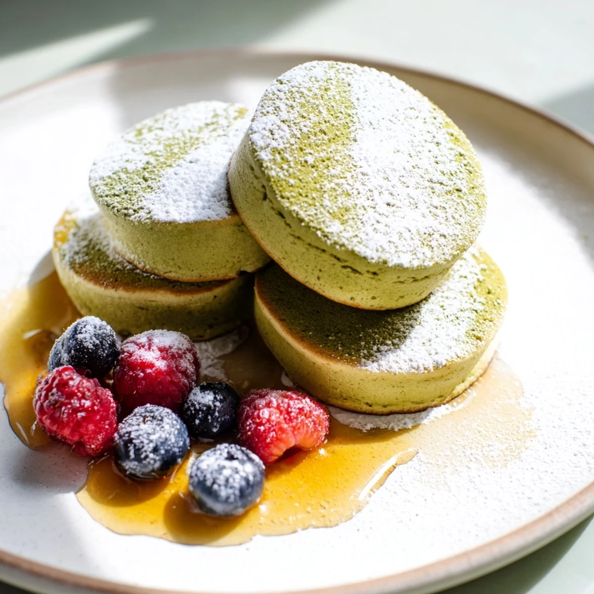 Fluffy Egg White Gingerbread Matcha Soufflé Pancakes, golden brown and perfectly puffed, ready to savor.