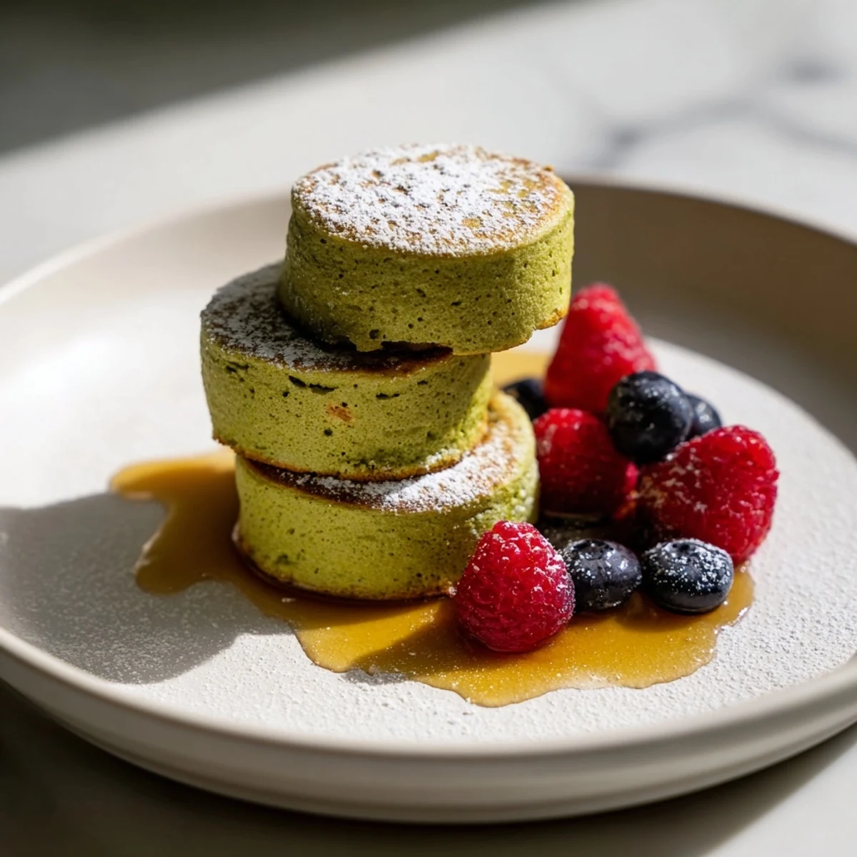 Close-up of airy Egg White Gingerbread Matcha Soufflé Pancakes, dusted with powdered sugar and berries.