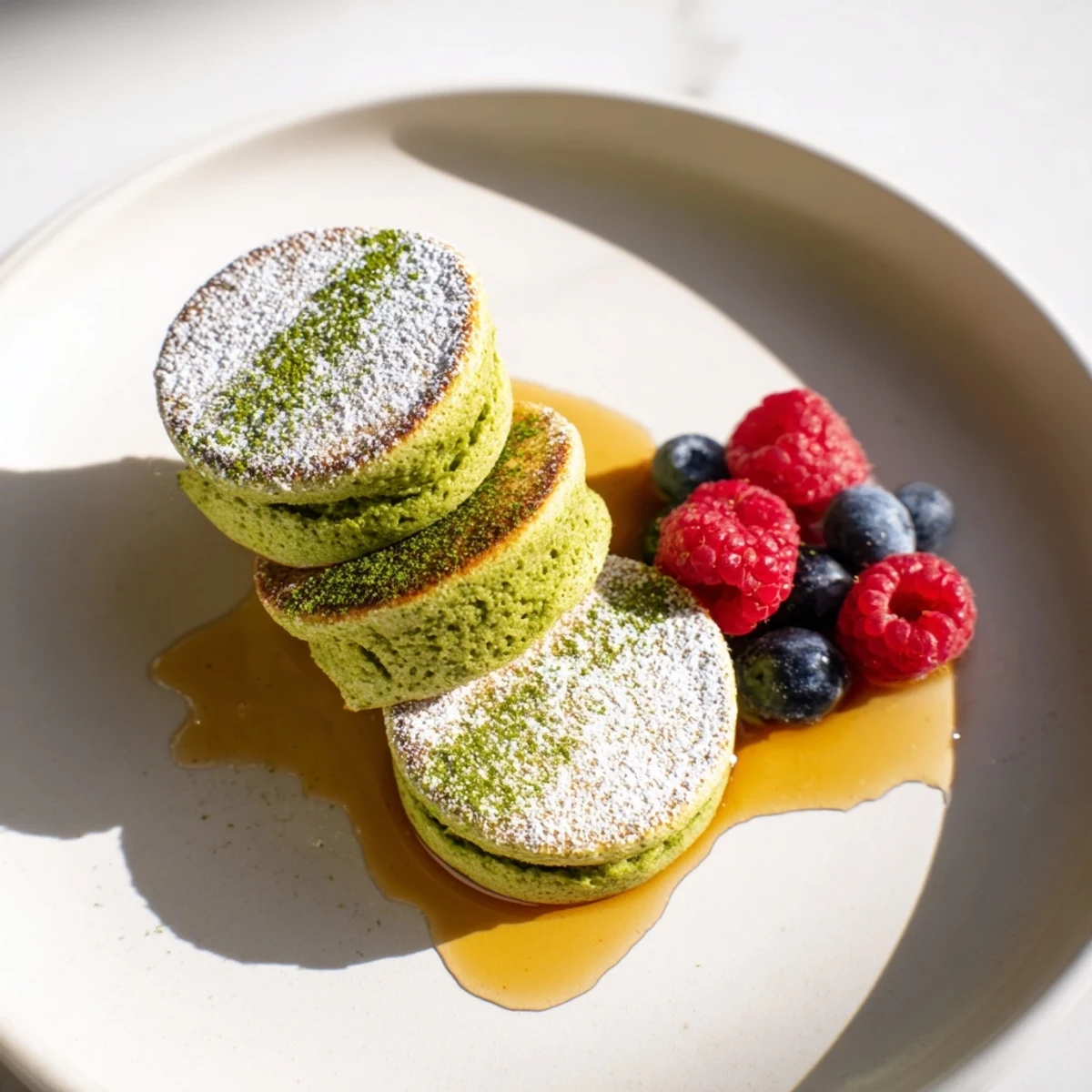 Stack of delicate Egg White Gingerbread Matcha Soufflé Pancakes, served with a drizzle of maple syrup.