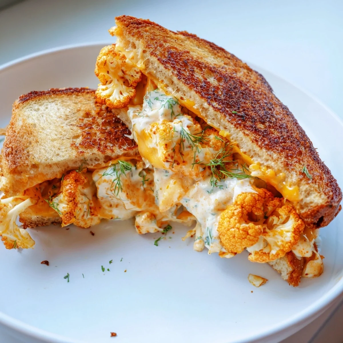 Grilled and golden Buffalo Cauliflower Ranch Grilled Cheese, oozing with melted cheese and buffalo flavor.
