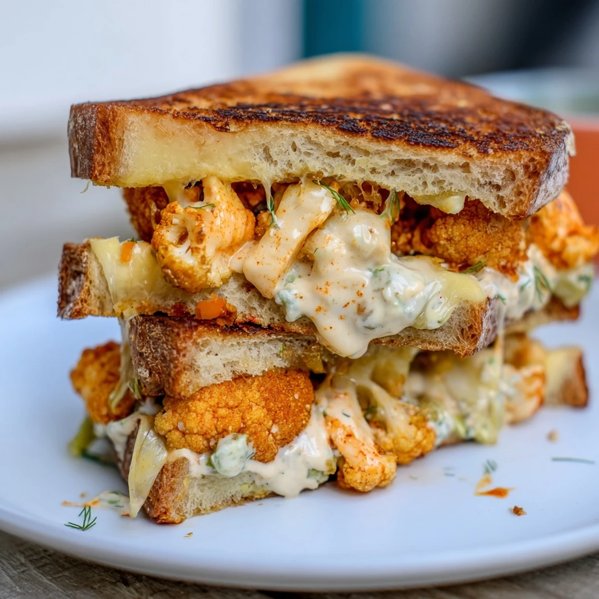 Flavorful Buffalo Cauliflower Ranch Grilled Cheese with crispy bread and a spicy, creamy ranch center.