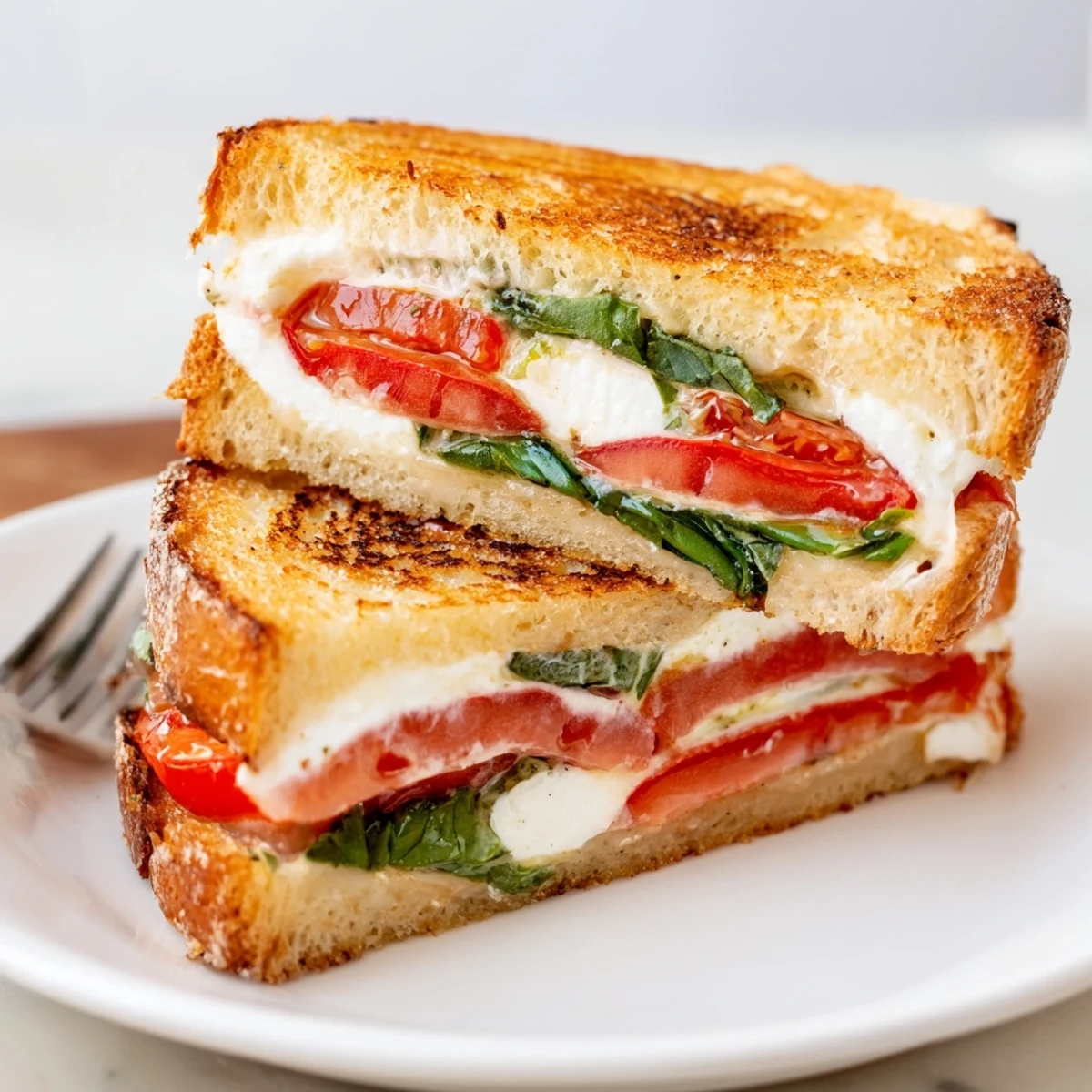 Grilled Tomato Basil Burrata Stuffed Grilled Cheese sandwich, golden and oozing with melted cheese and fresh basil.
