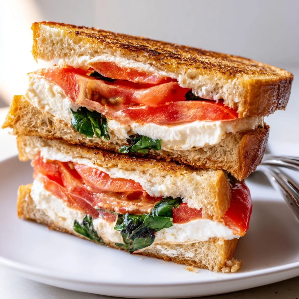 A side view shows the gooey, delicious filling of this gourmet Tomato Basil Burrata Stuffed Grilled Cheese, ready to eat.