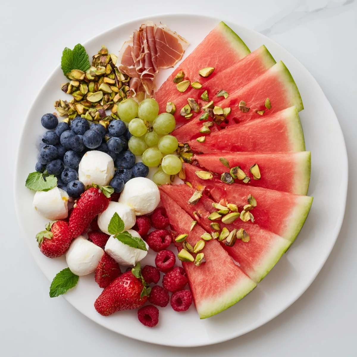 Beautiful watermelon slice charcuterie platter, bursting with fresh fruits and creamy cheese.