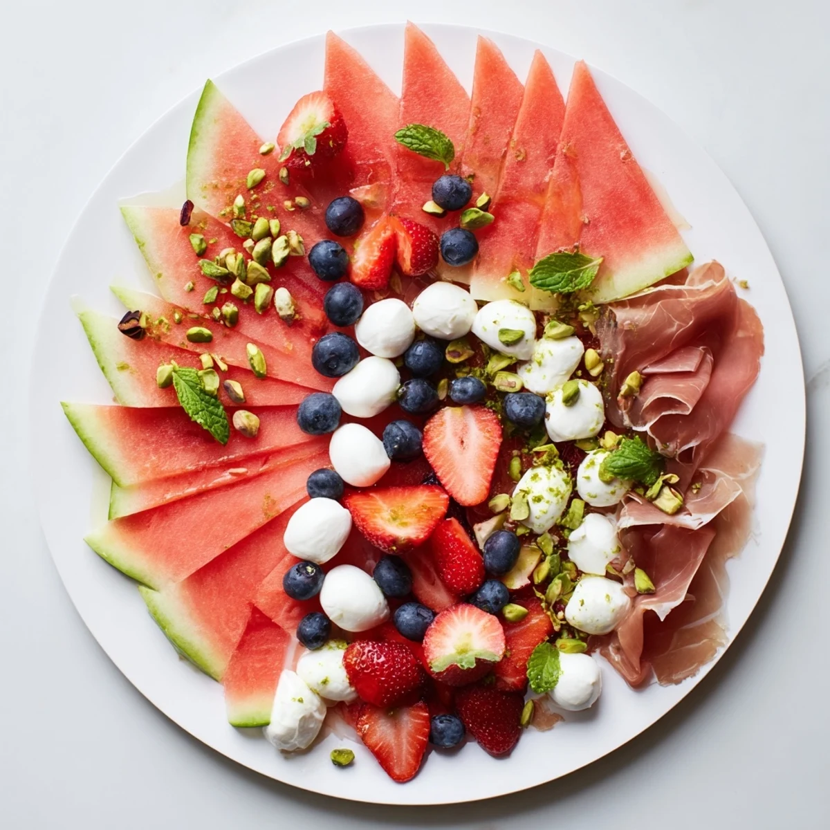A summery arrangement of watermelon slice charcuterie, garnished with mint, perfect for sharing.