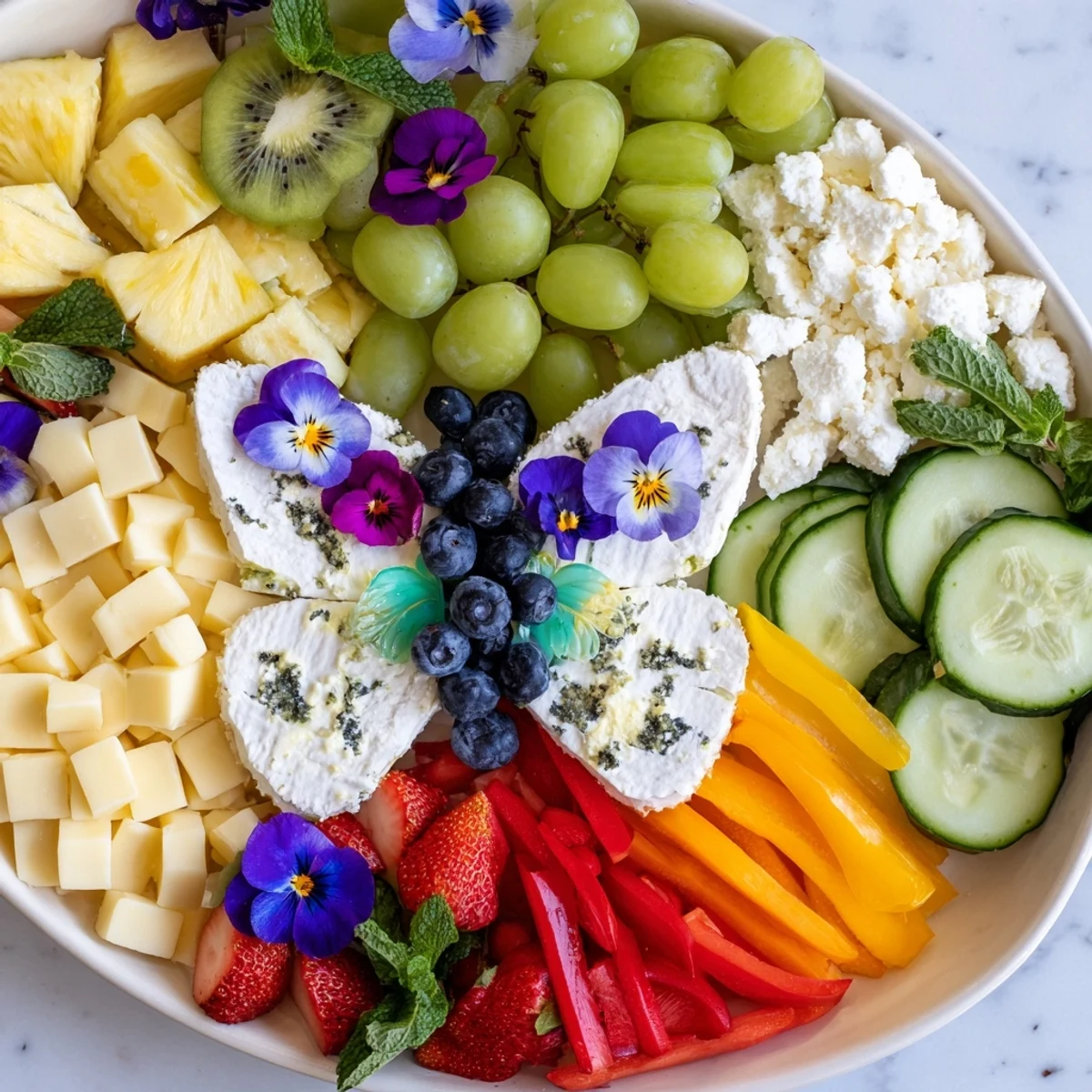 A Butterfly Summer Board overflows with colorful fruits, cheeses, and charcuterie, ready for a picnic.