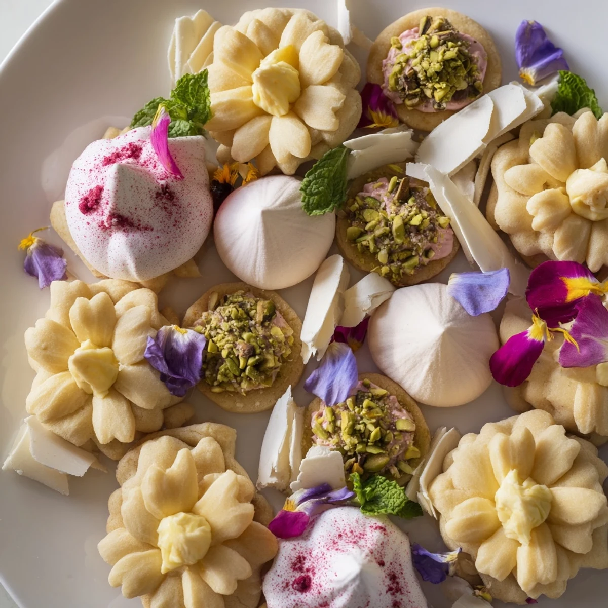 Crisp shortbread cookies, meringue kisses, and bark star in this Daisy Chain Dessert Tray, ready to be enjoyed.