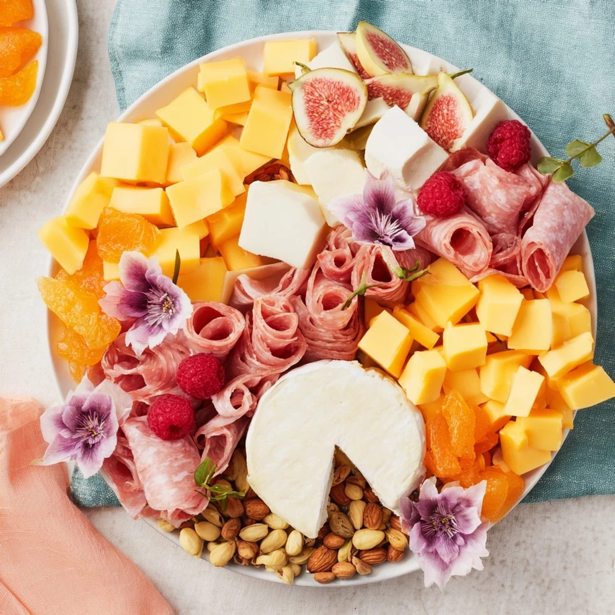 Vibrant Flamingo Paradise Board with fresh fruits, cheeses and charcuterie ready for guests to enjoy.