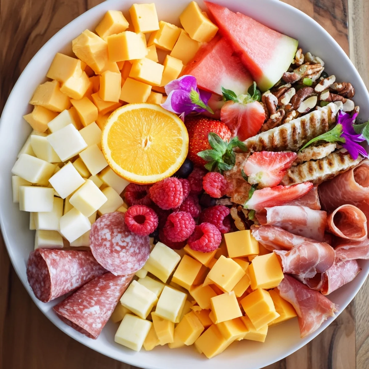 A colorful Flamingo Paradise Board overflowing with summer fruits, cheeses, and savory charcuterie for sharing.