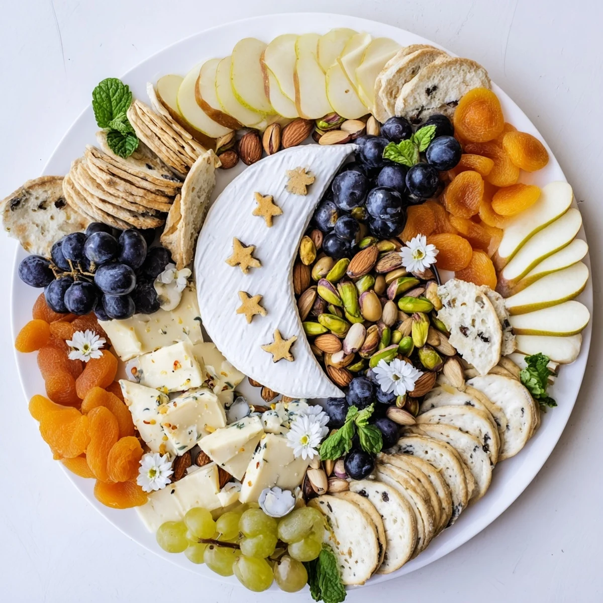 A Crescent Moon Midnight Snack Board overflowing with creamy cheeses, fruits, and star-shaped chocolates.
