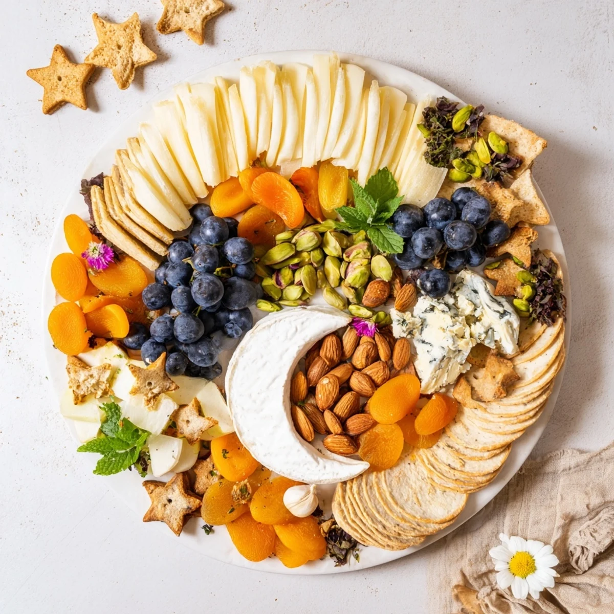 This stunning Crescent Moon Midnight Snack Board arrangement features colorful fruits, cheeses, and crunchy crackers for sharing.
