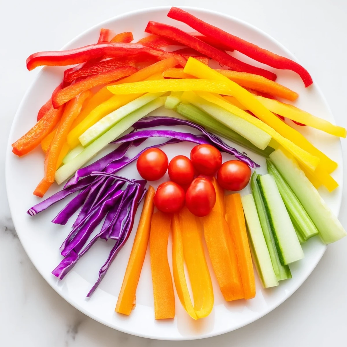 A colorful Rainbow Arch Bright Veggie Sticks platter with crisp bell peppers, carrots, and refreshing cucumber.
