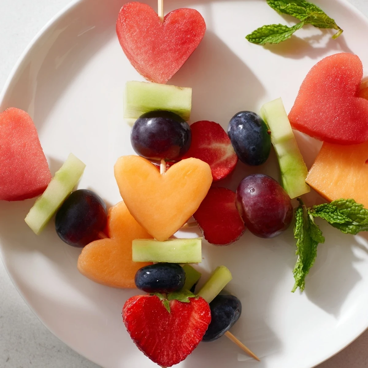 Vibrant Berry Good Heart Fruit Skewers feature heart-shaped watermelon and berries, perfect for a party.