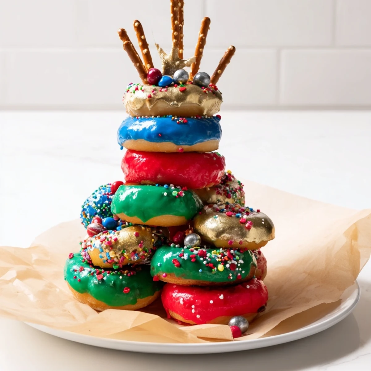 Festive Donut Stack Christmas Ornament Tower, a vibrant edible centerpiece with colorful, glazed mini donuts.