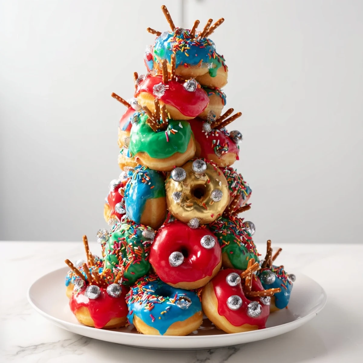 Shiny, colorful glazed mini donuts are artfully arranged in this amazing Donut Stack Christmas Ornament Tower.