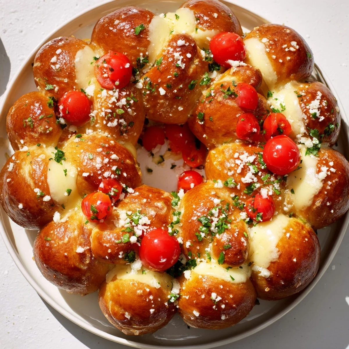 Golden pretzel joy wreath appetizer ring, warm and pull-apart, filled with creamy cheese and fresh parsley.