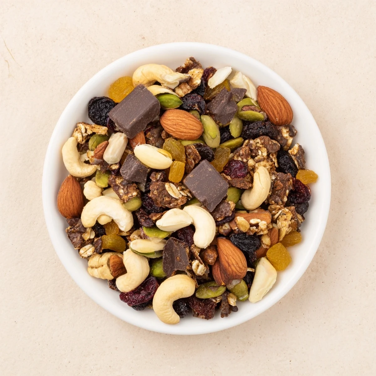 This satisfying Mountain High Adventure Snack Mix features golden raisins, chocolate chunks, and hearty granola clusters.