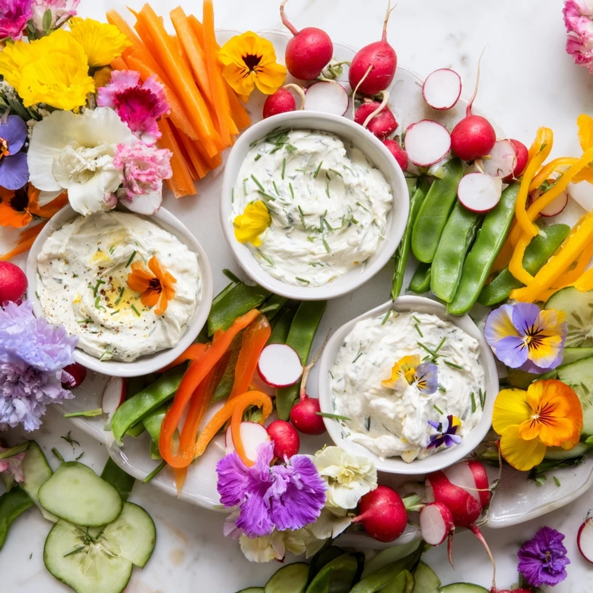 Fairy Garden Platter with vibrant edible flowers and fresh veggies, ready to enjoy at any gathering.