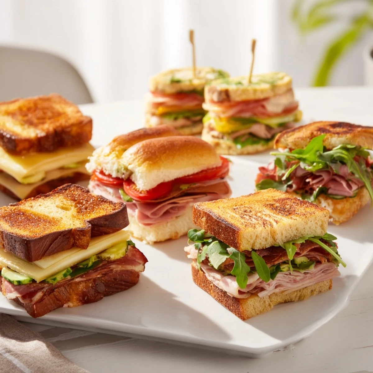 Enjoy the visually stunning assembly of Festin du Château Royal Sandwiches, a French-inspired recipe with various fillings.