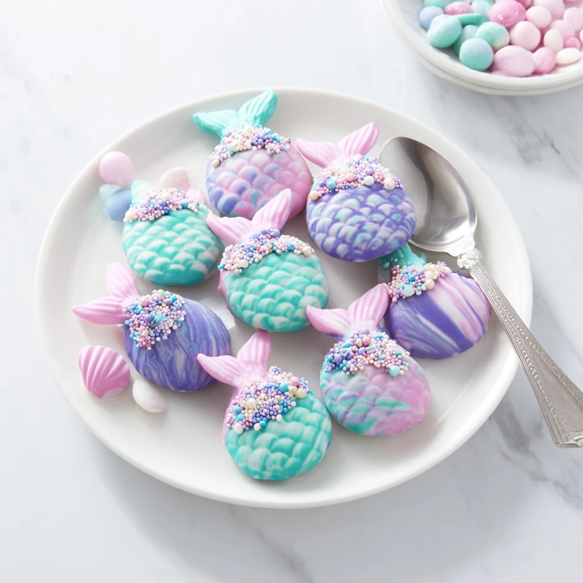 Delicate Mignardises Queue de Sirène, pastel-colored mermaid tail madeleines dipped in white chocolate and shimmering sprinkles.