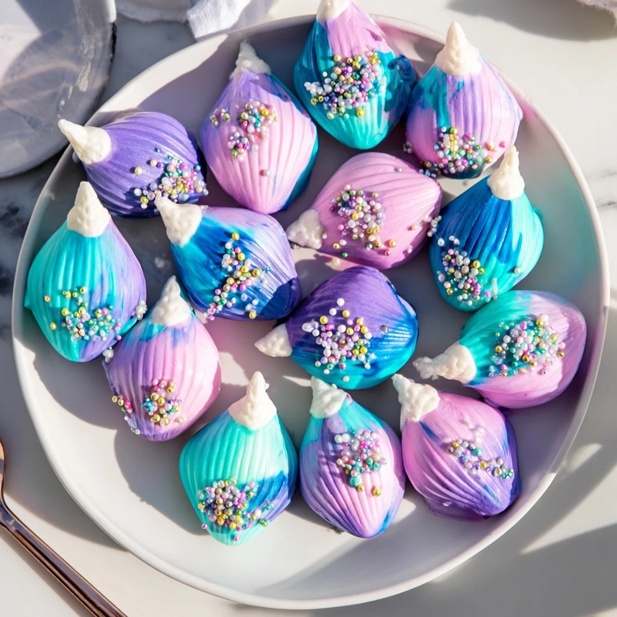 These elegant Mignardises Queue de Sirène, are French treats with shimmering decorations, perfect for afternoon tea.