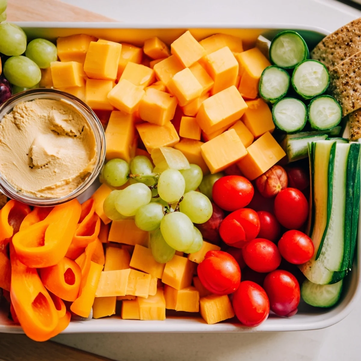 Road Trip Snack Platter featuring colorful fresh veggies, cheese cubes, and crunchy pretzels.