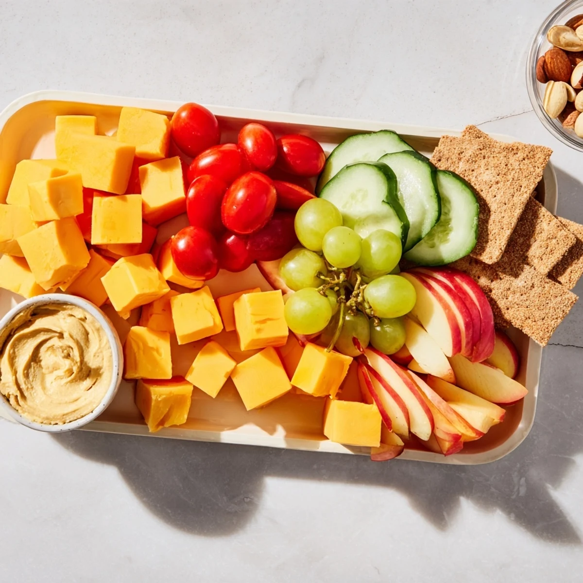 This inviting Road Trip Snack Platter includes hummus, turkey, and dark chocolate for perfect road fuel!