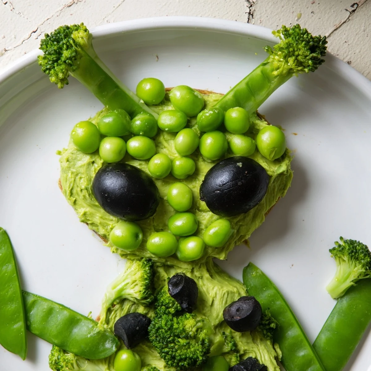 Attaque d'Extraterrestres Snacks Verts, a fun veggie party snack with vibrant green ingredients and olive eyes.