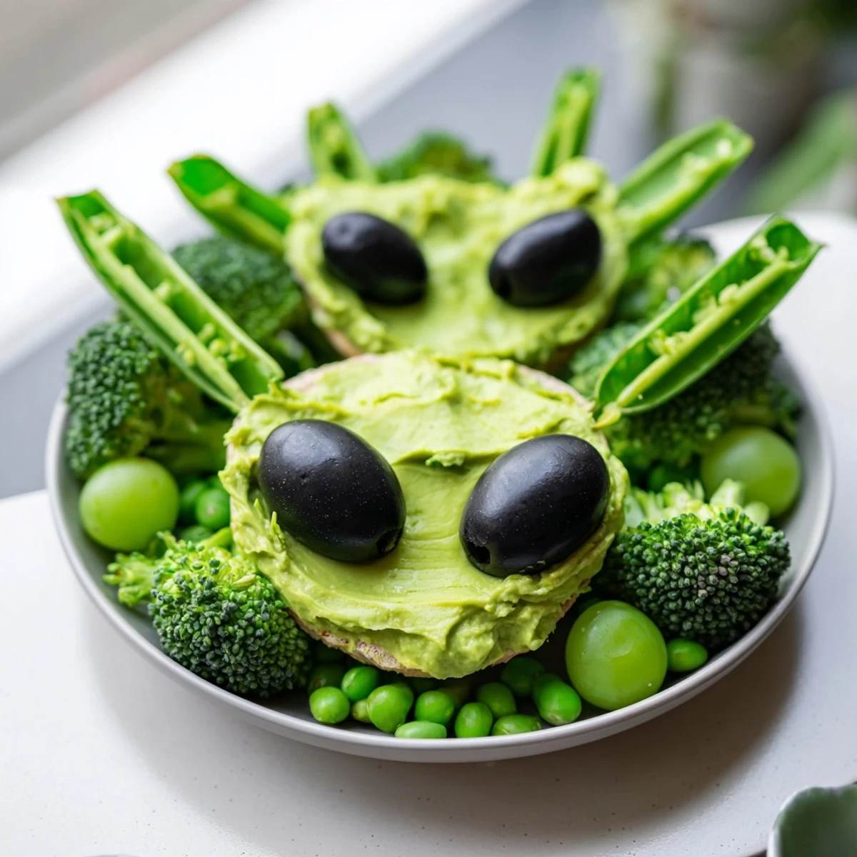 Vibrant Attaque d'Extraterrestres Snacks Verts: Crisp sugar snap peas, broccoli, and grapes with creamy guacamole and herbed cheese.