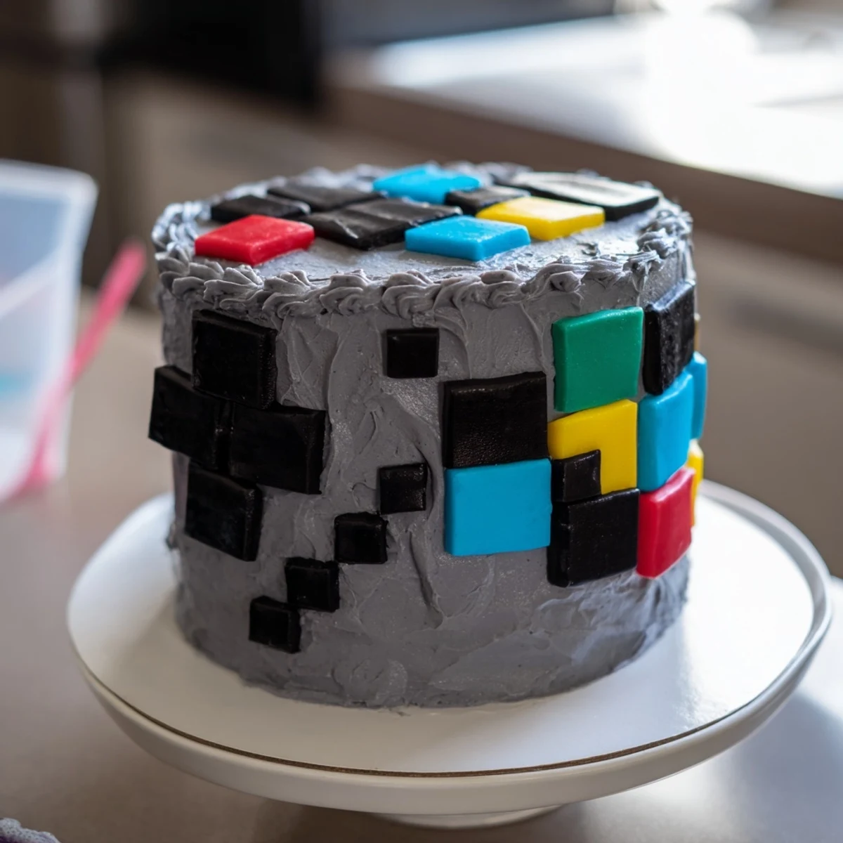 A vibrant Pixel Video Game Controller Cake, a fun dessert decorated with colorful fondant squares.