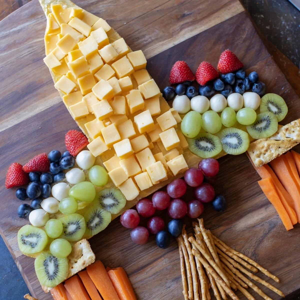 A colorful Spaceship Launch Snack Board with cheddar, fruits, and crackers perfect for a party.