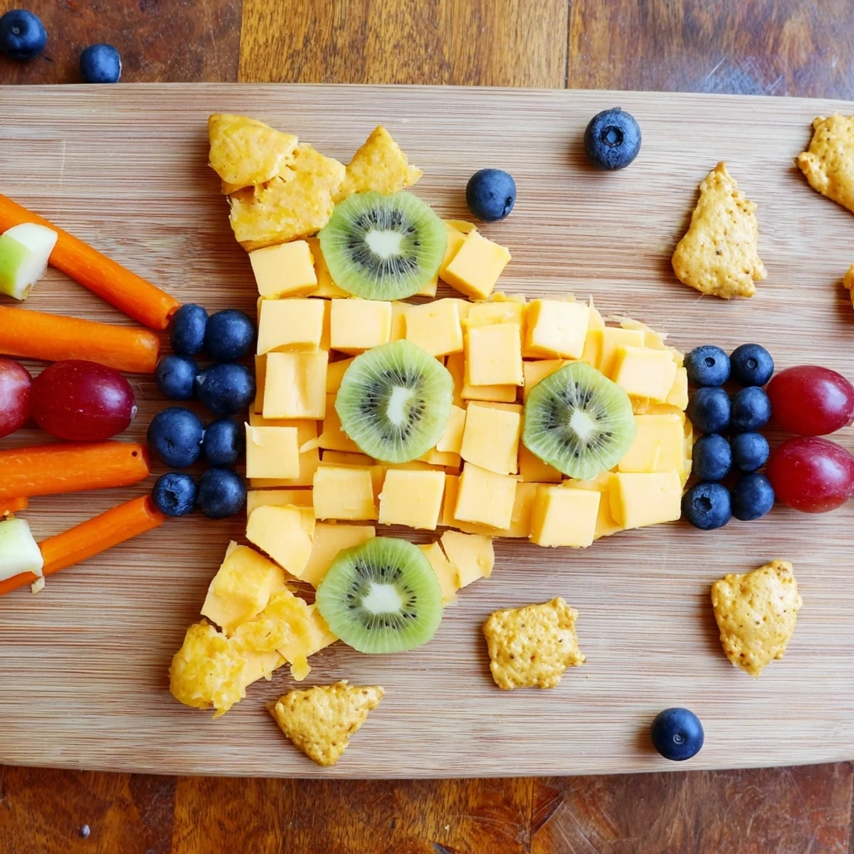 Imagining a Spaceship Launch Snack Board, the arrangement includes cheese, grapes, and pretzel flames for fun.