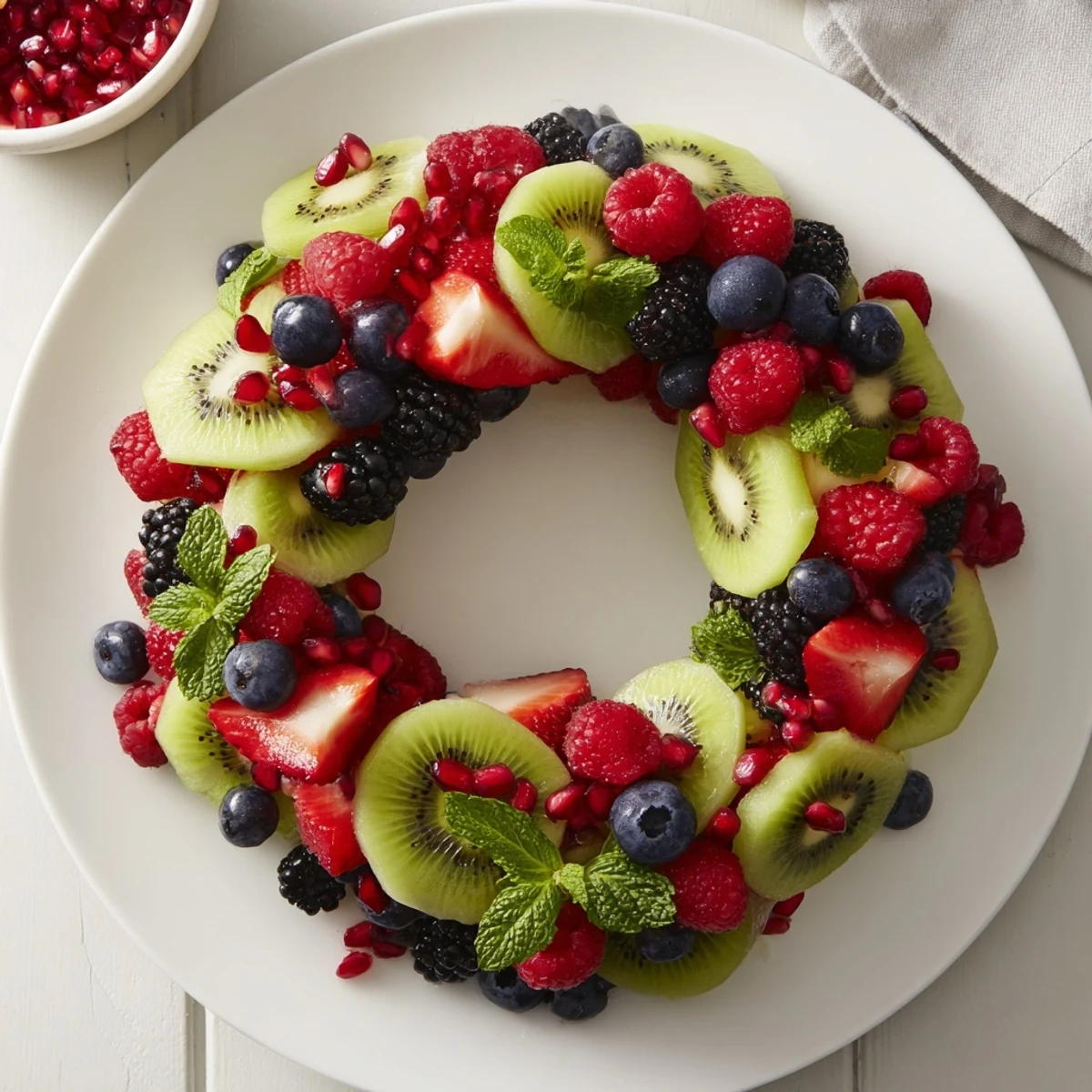 Vibrant holiday fruit plate: Kiwi and berry wreath loaded with juicy strawberries and blueberries.