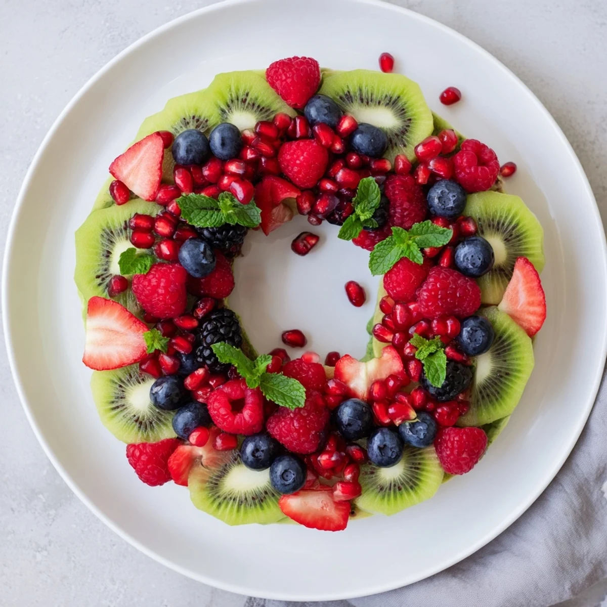 A colorful fruit platter, a festive Kiwi and berry wreath composed of sweet, fresh berries and kiwi.