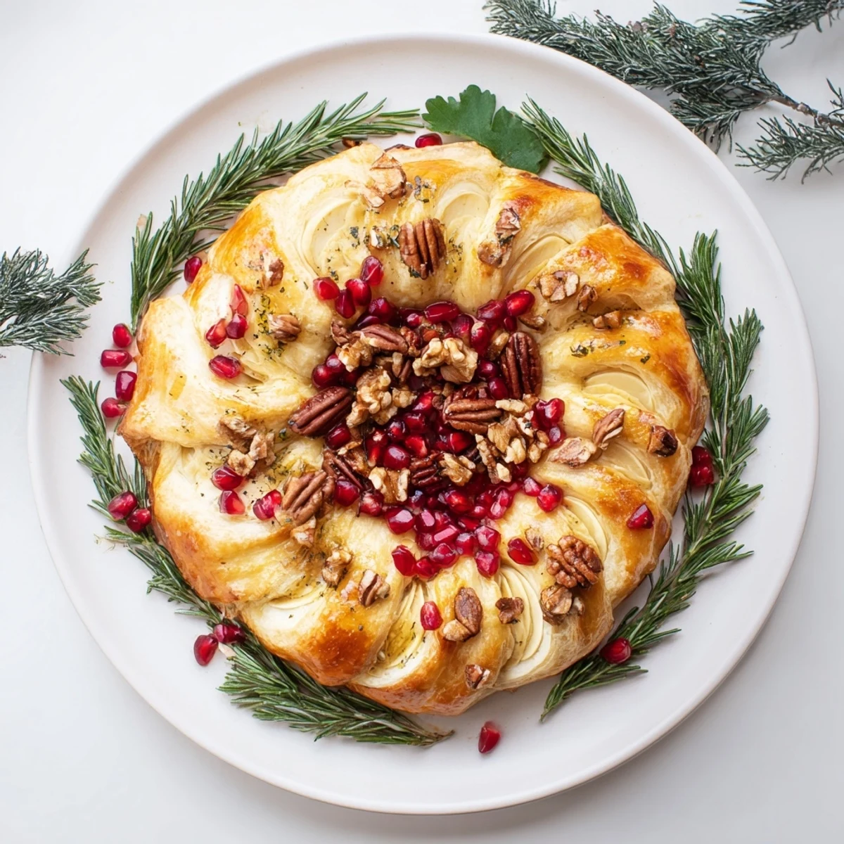 Golden, baked Pomegranate and Brie Wreath, showcasing creamy cheese and festive holiday garnishes, ready to serve.