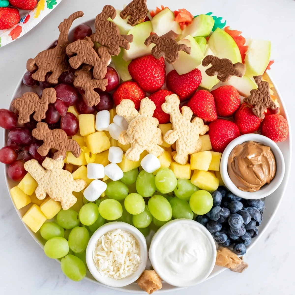 Colorful Animal Cracker Safari Board featuring a playful arrangement of fruits, dips, and treats for children.
