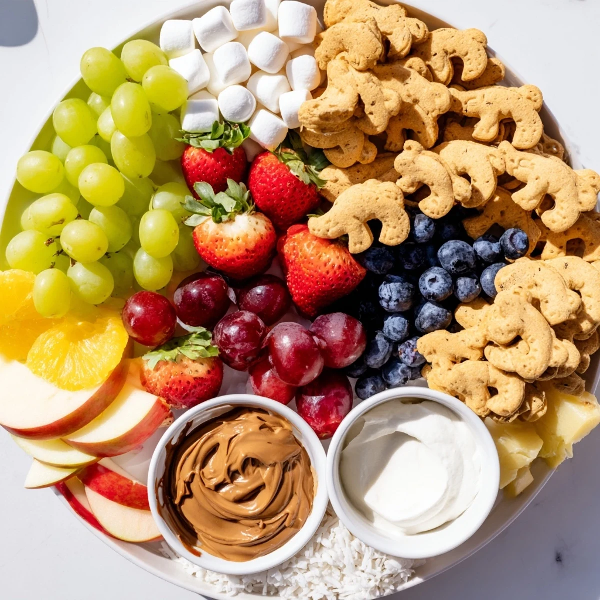 A delightful Animal Cracker Safari Board, showcasing fresh fruit clusters surrounding tempting yogurt and peanut butter dips.