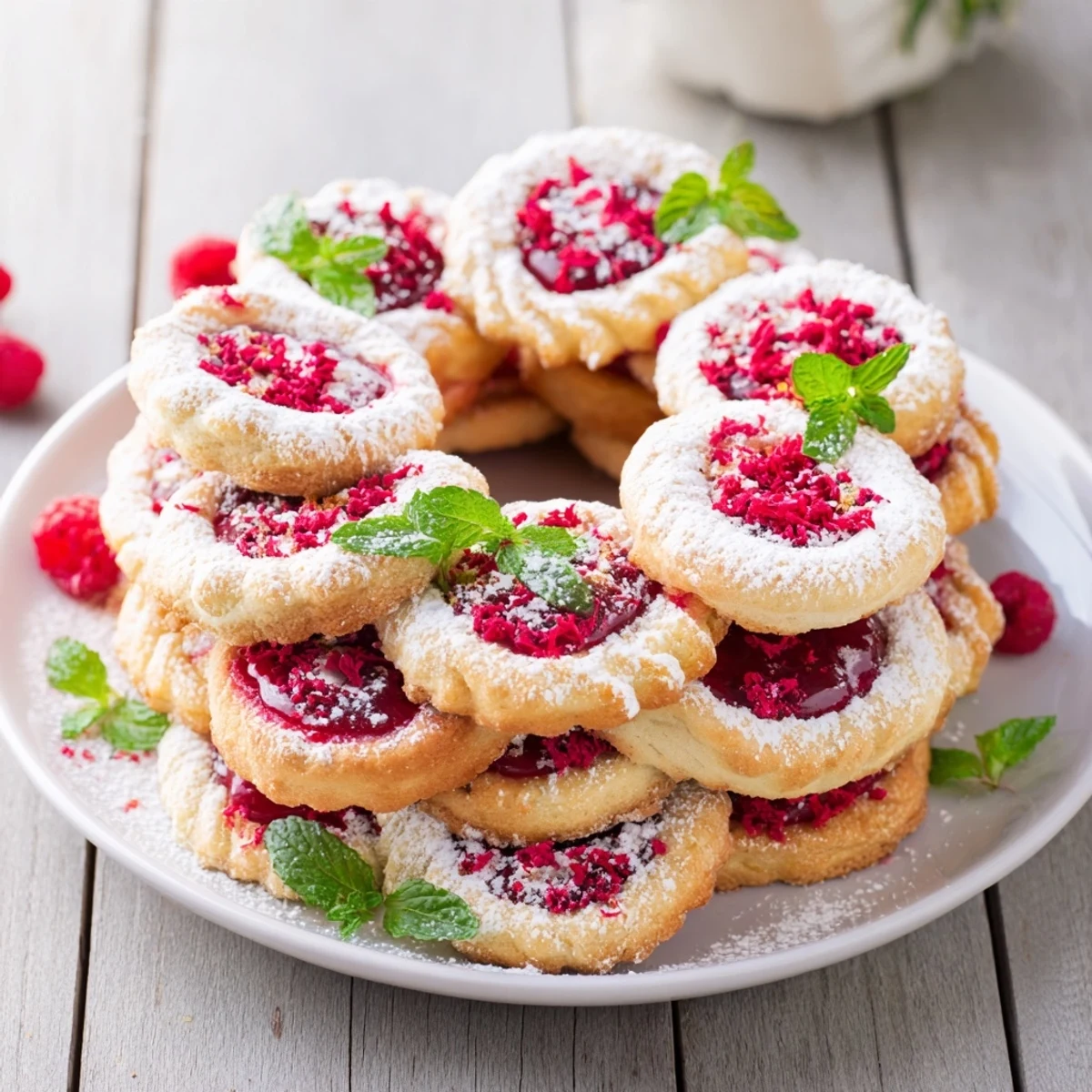 Showcasing a Sweet Raspberry Wreath cookie platter, with vibrant red jam peeking through cut-out cookies.