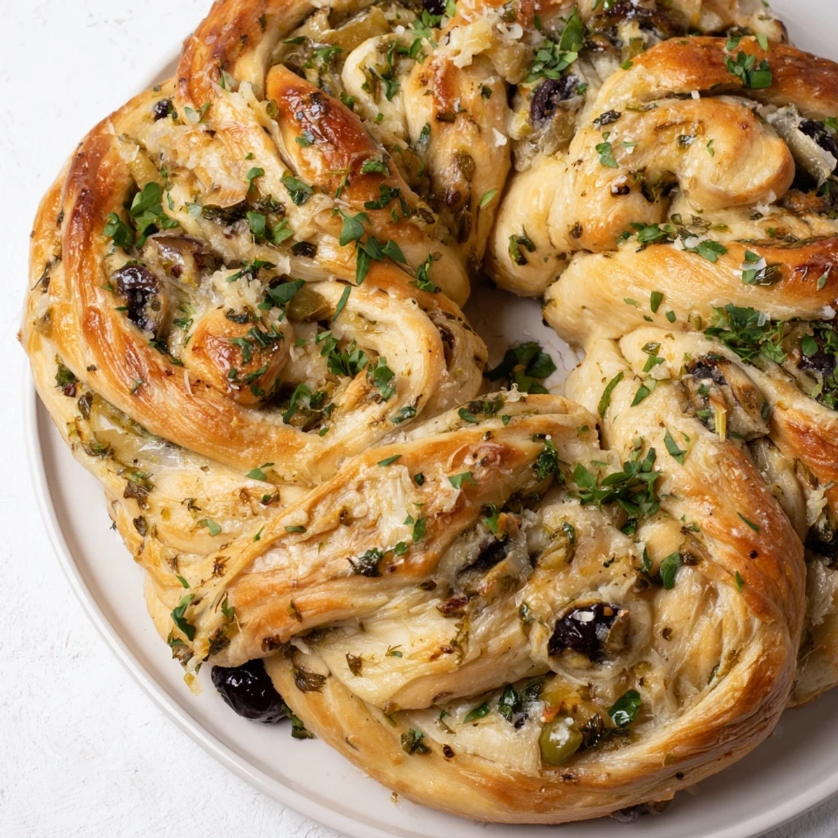 Golden-brown Savory Herb and Cheese Olive Wreath, ready to serve with beautifully melted cheese and herbs.