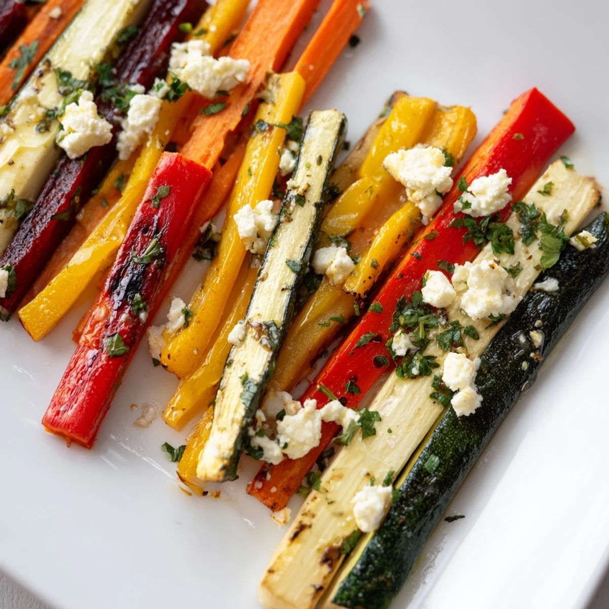 Enjoy a visually appealing, vibrant plate of Christmas Sleigh Veggie Rails with crumbled feta and fresh parsley.