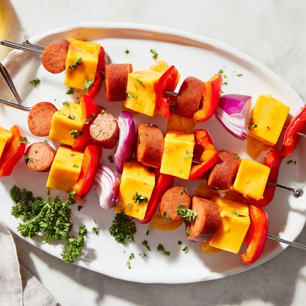 Perfectly assembled Savory Skewers: Chimney Stack Sausage and Cheese; smoky sausage on skewers with peppers.