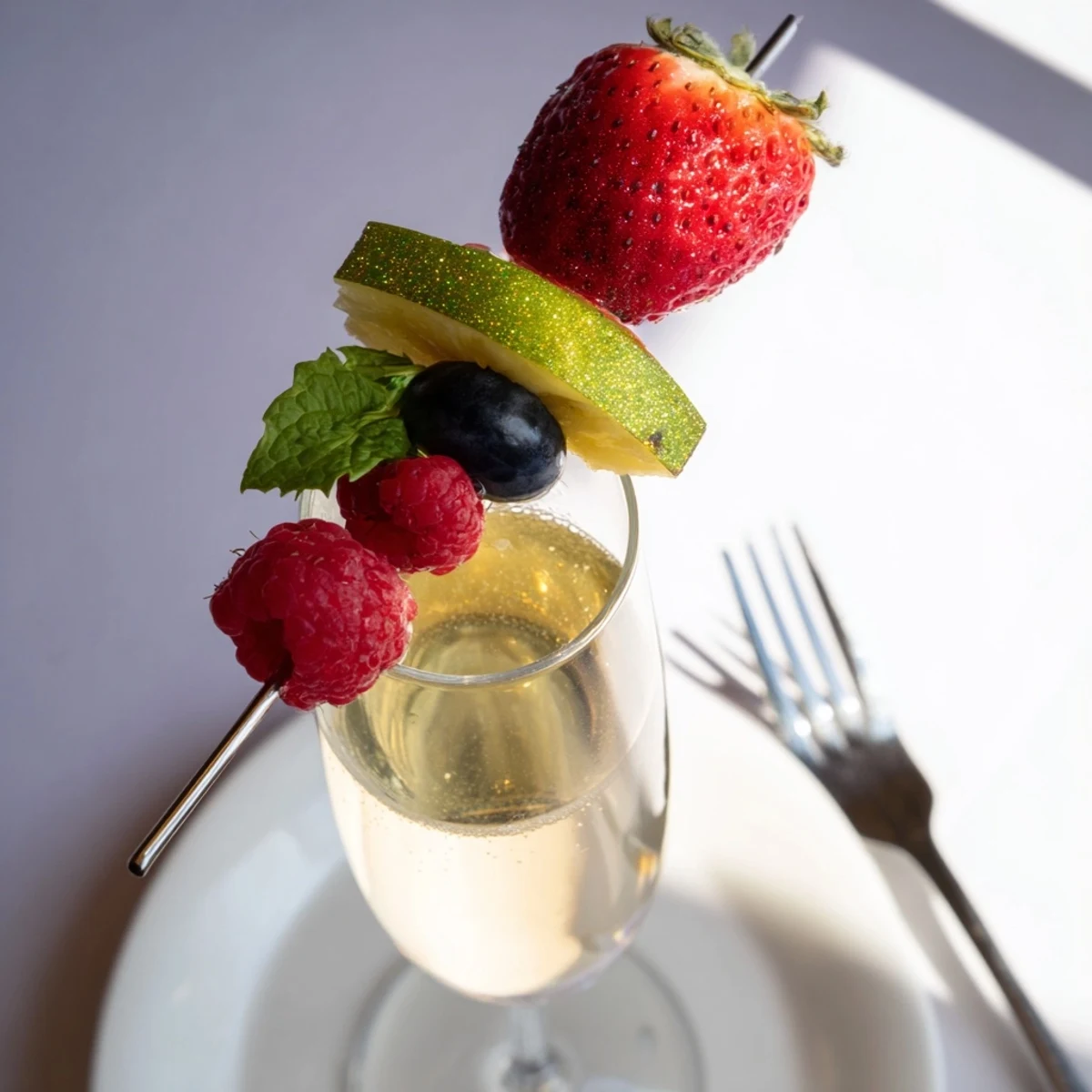 A closeup of elegantly crafted Champagne Flute Fruit Garnishes, showcasing kiwi slices and fresh raspberries, ready to serve.