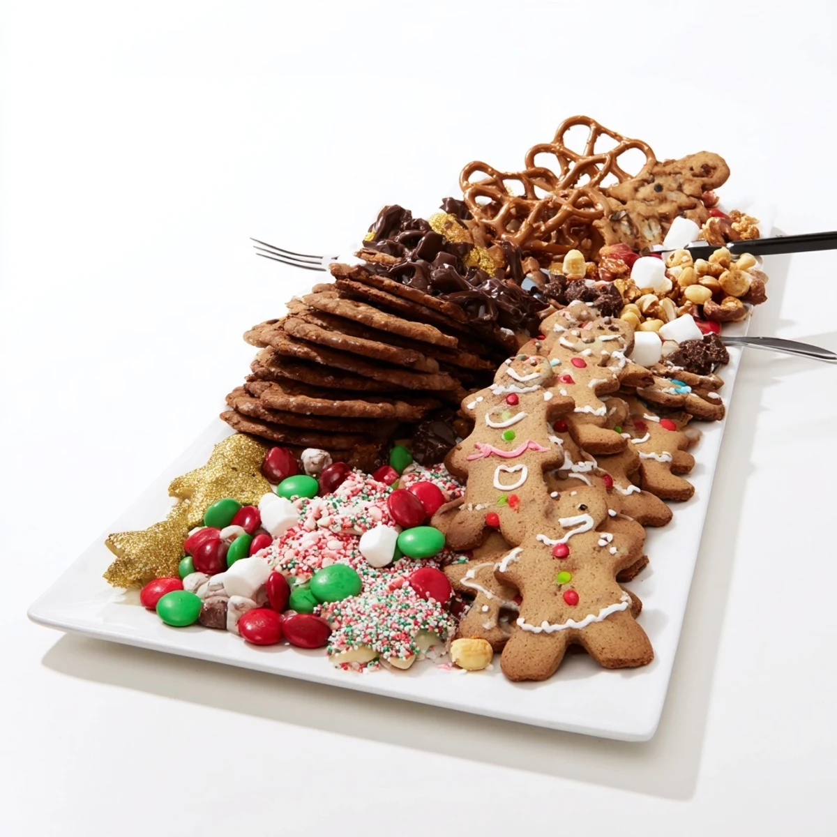 A vibrant Santas Sack Candy Avalanche board bursting with colorful treats—perfect for holiday gatherings.