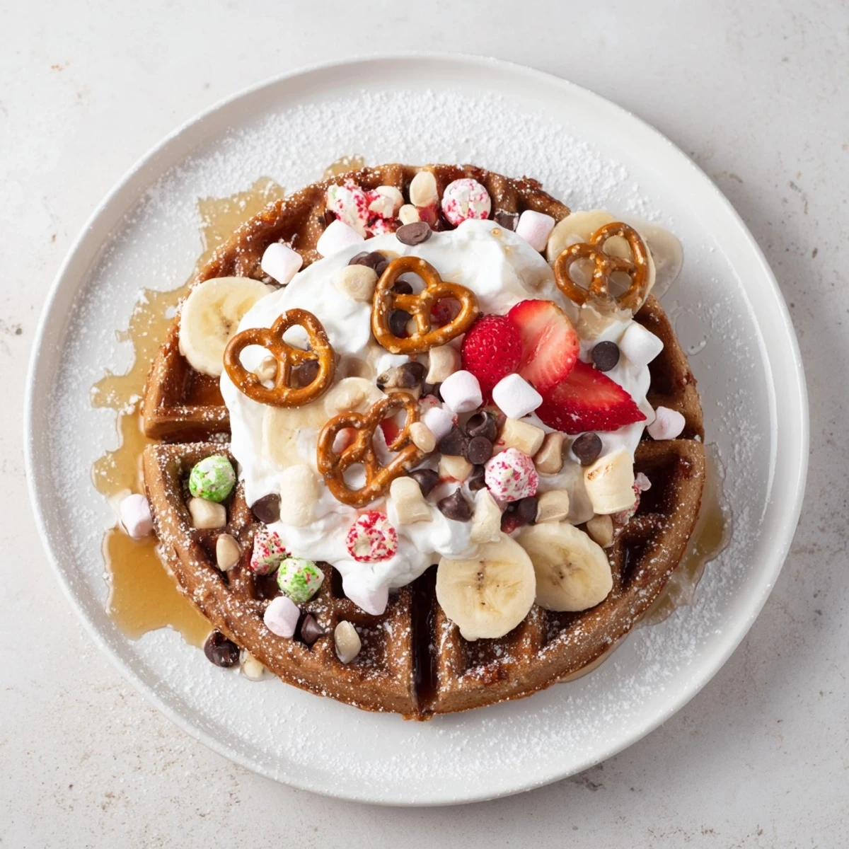 Golden gingerbread waffle house bar with whipped cream, candies, and fruit toppings for a festive breakfast.